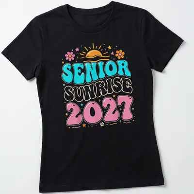 Colorful retro graphic tee featuring a sunrise and text: Senior Sunrise 2027 — printed on a women's shirt