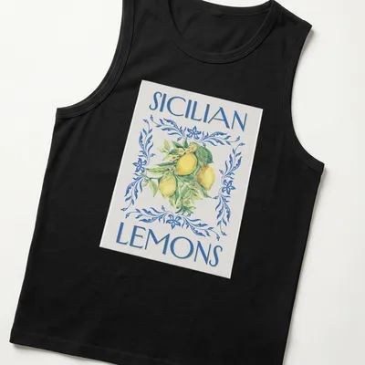 Vintage floral t-shirt featuring Sicilian lemons and leaves in yellow and green — printed on a tank top
