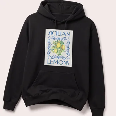 Vintage floral t-shirt featuring Sicilian lemons and leaves in yellow and green — printed on a unisex hoodie