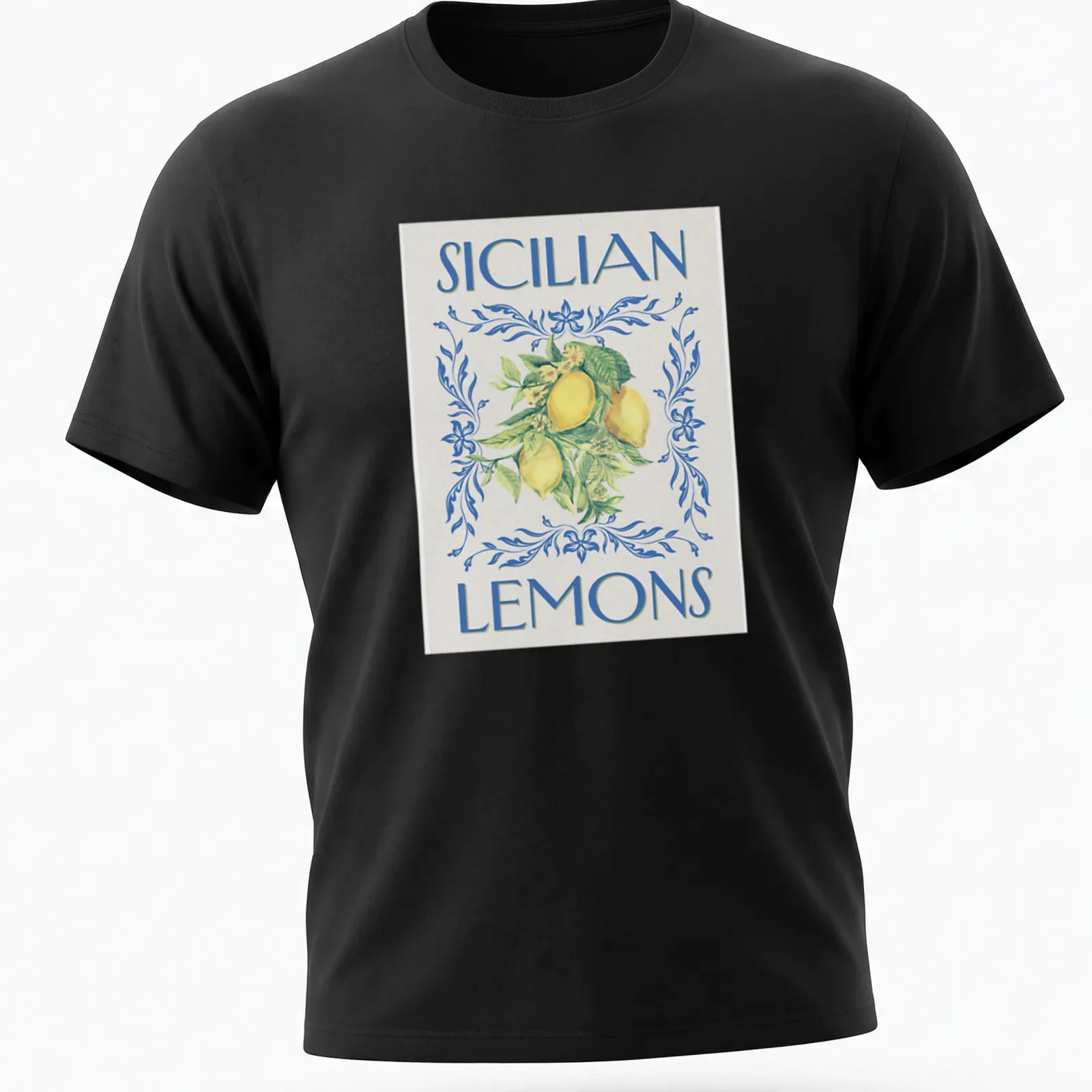 Vintage floral t-shirt featuring Sicilian lemons and leaves in yellow and green — printed on a unisex t-shirt