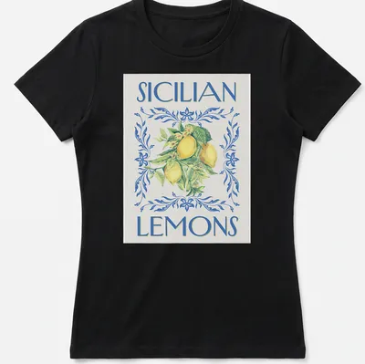 Vintage floral t-shirt featuring Sicilian lemons and leaves in yellow and green — printed on a women's shirt