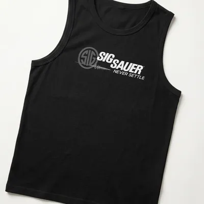 Modern minimalist SIG SAUER shirt with logo and bullet print in black and white — printed on a tank top