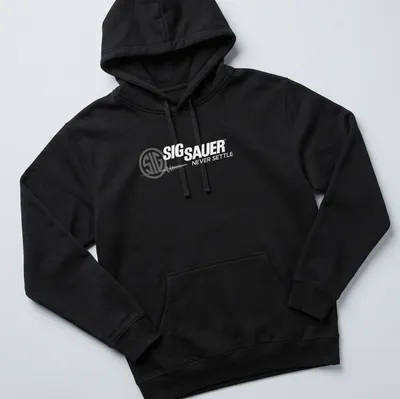 Modern minimalist SIG SAUER shirt with logo and bullet print in black and white — printed on a unisex hoodie