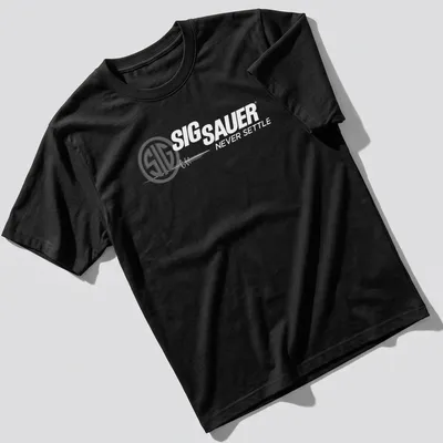 Modern minimalist SIG SAUER shirt with logo and bullet print in black and white