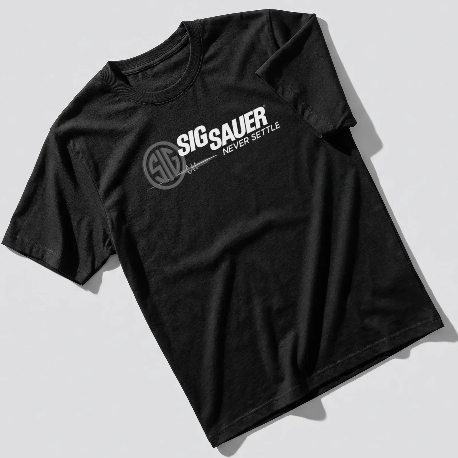 Modern minimalist SIG SAUER shirt with logo and bullet print in black and white — printed on a unisex t-shirt