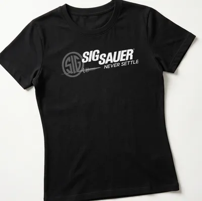 Modern minimalist SIG SAUER shirt with logo and bullet print in black and white — printed on a women's shirt