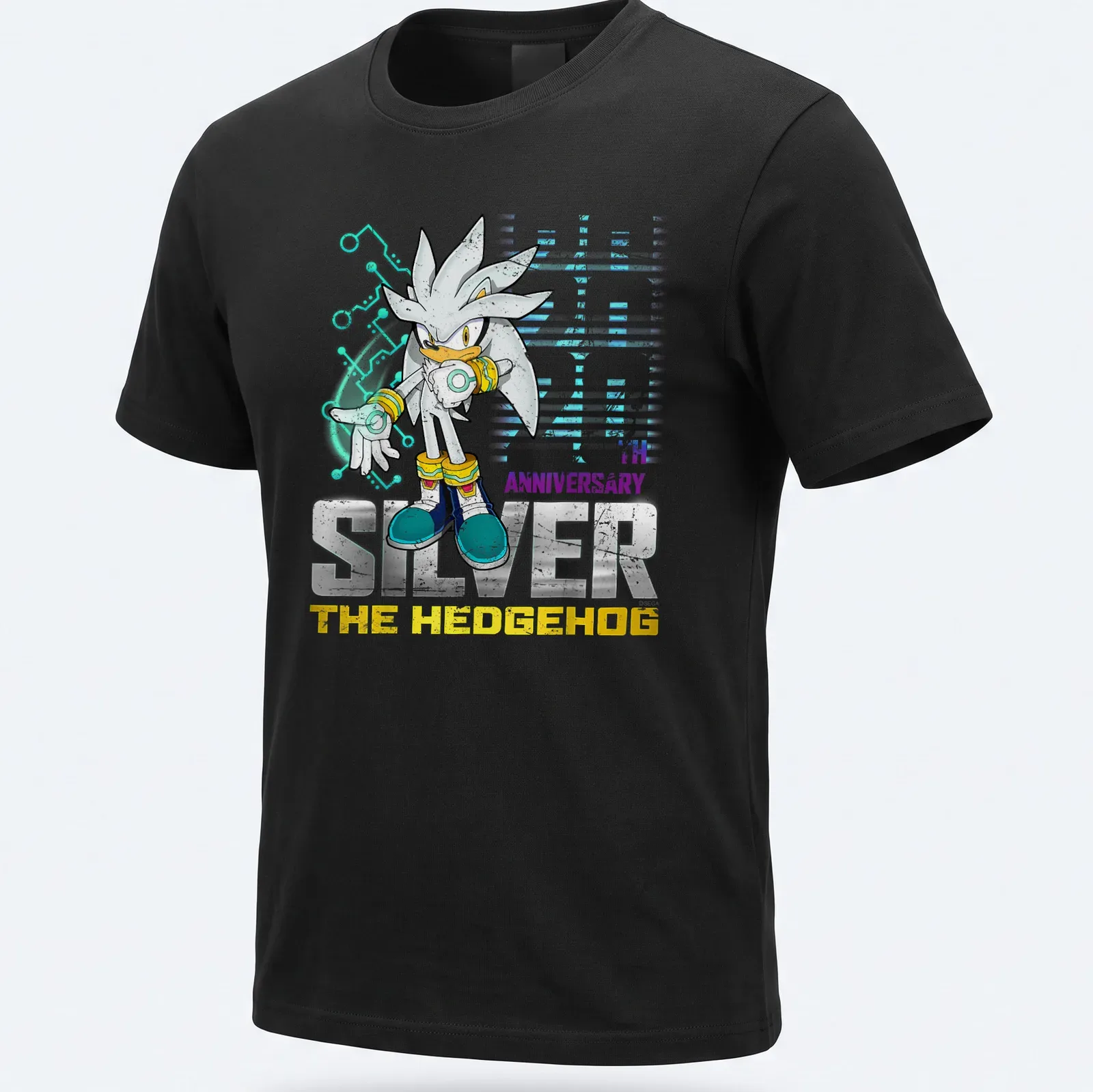 Colorful cartoon Silver The Hedgehog 20th Anniversary — printed on a unisex t-shirt