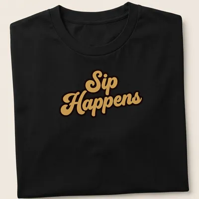 Bold script t-shirt with the humorous quote Sip Happens in gold on black background