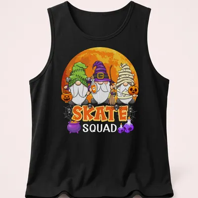 Cartoonish Halloween gnomes on skates with Skate text above — printed on a tank top