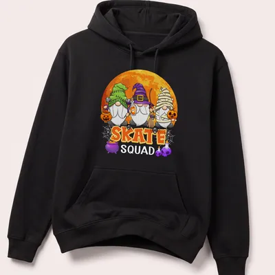 Cartoonish Halloween gnomes on skates with Skate text above — printed on a unisex hoodie