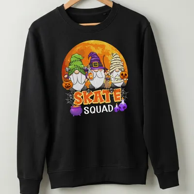 Cartoonish Halloween gnomes on skates with Skate text above — printed on a unisex sweatshirt