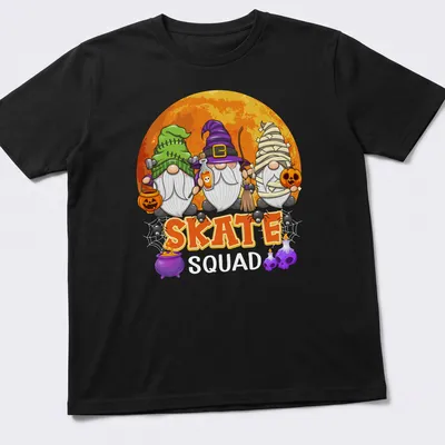 Cartoonish Halloween gnomes on skates with Skate text above — printed on a unisex t-shirt