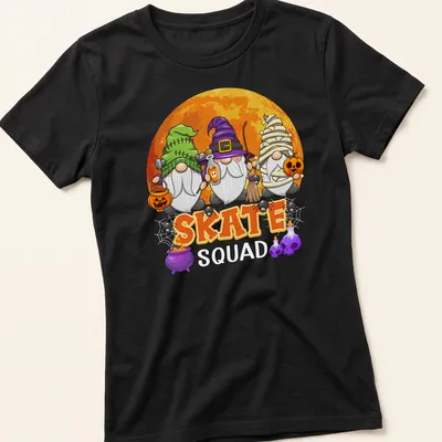 Cartoonish Halloween gnomes on skates with Skate text above — printed on a women's shirt