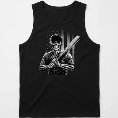 Distressed graphic of a skeleton baseball player swinging a bat with an American flag theme — printed on a tank top