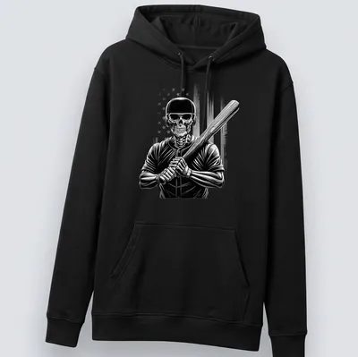 Distressed graphic of a skeleton baseball player swinging a bat with an American flag theme — printed on a unisex hoodie