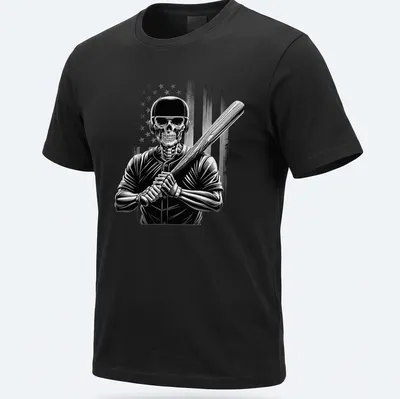 Distressed graphic of a skeleton baseball player swinging a bat with an American flag theme — printed on a unisex t-shirt