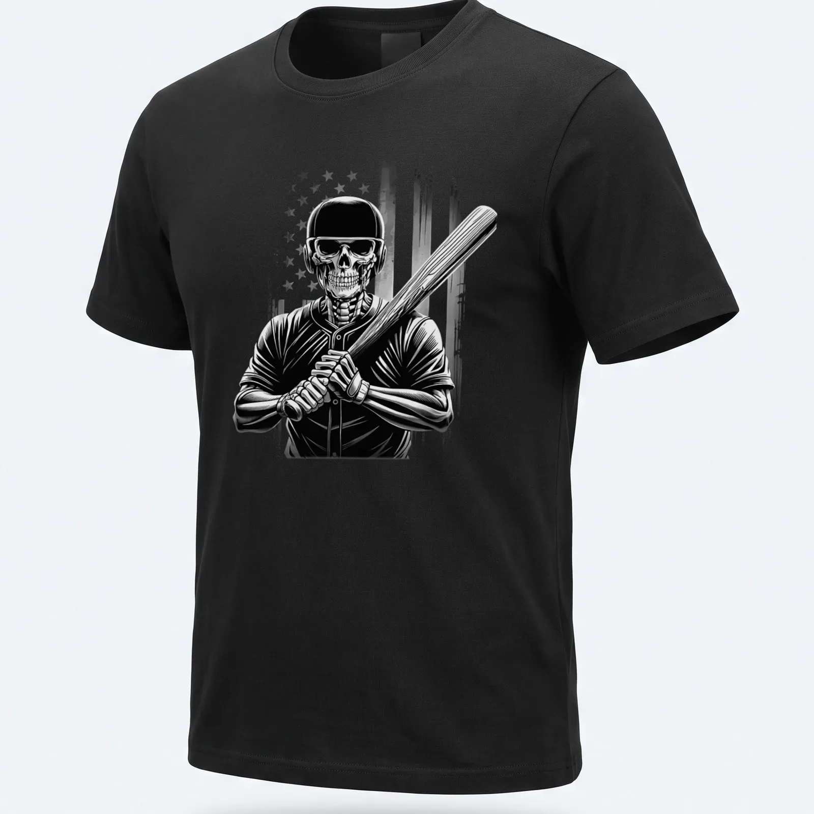 Distressed graphic of a skeleton baseball player swinging a bat with an American flag theme — printed on a unisex t-shirt
