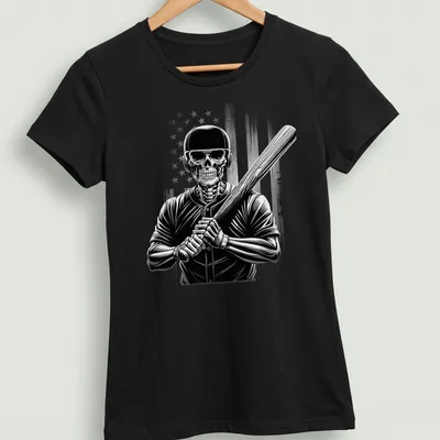 Distressed graphic of a skeleton baseball player swinging a bat with an American flag theme — printed on a women's shirt