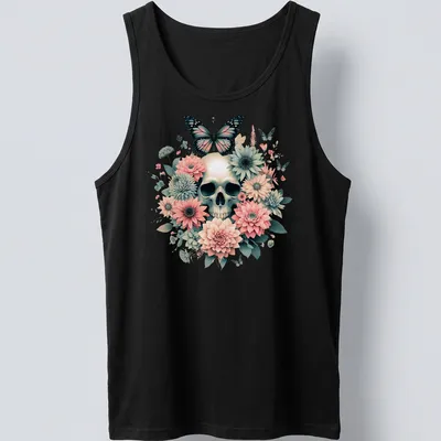 Illustration of a skull with butterflies and flowers in dark academia style — printed on a tank top