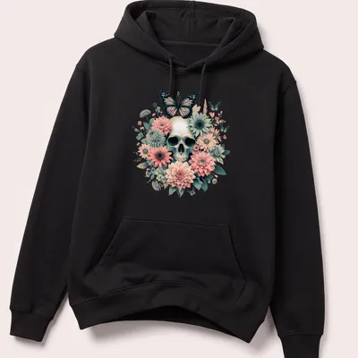 Illustration of a skull with butterflies and flowers in dark academia style — printed on a unisex hoodie