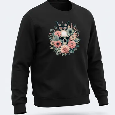 Illustration of a skull with butterflies and flowers in dark academia style — printed on a unisex sweatshirt