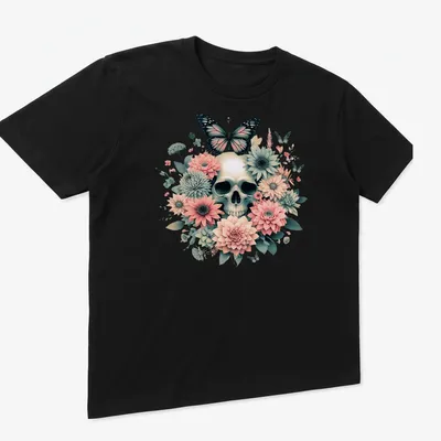 Illustration of a skull with butterflies and flowers in dark academia style — printed on a unisex t-shirt (angled view)