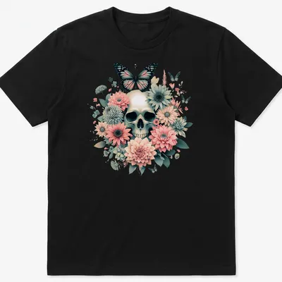 Illustration of a skull with butterflies and flowers in dark academia style