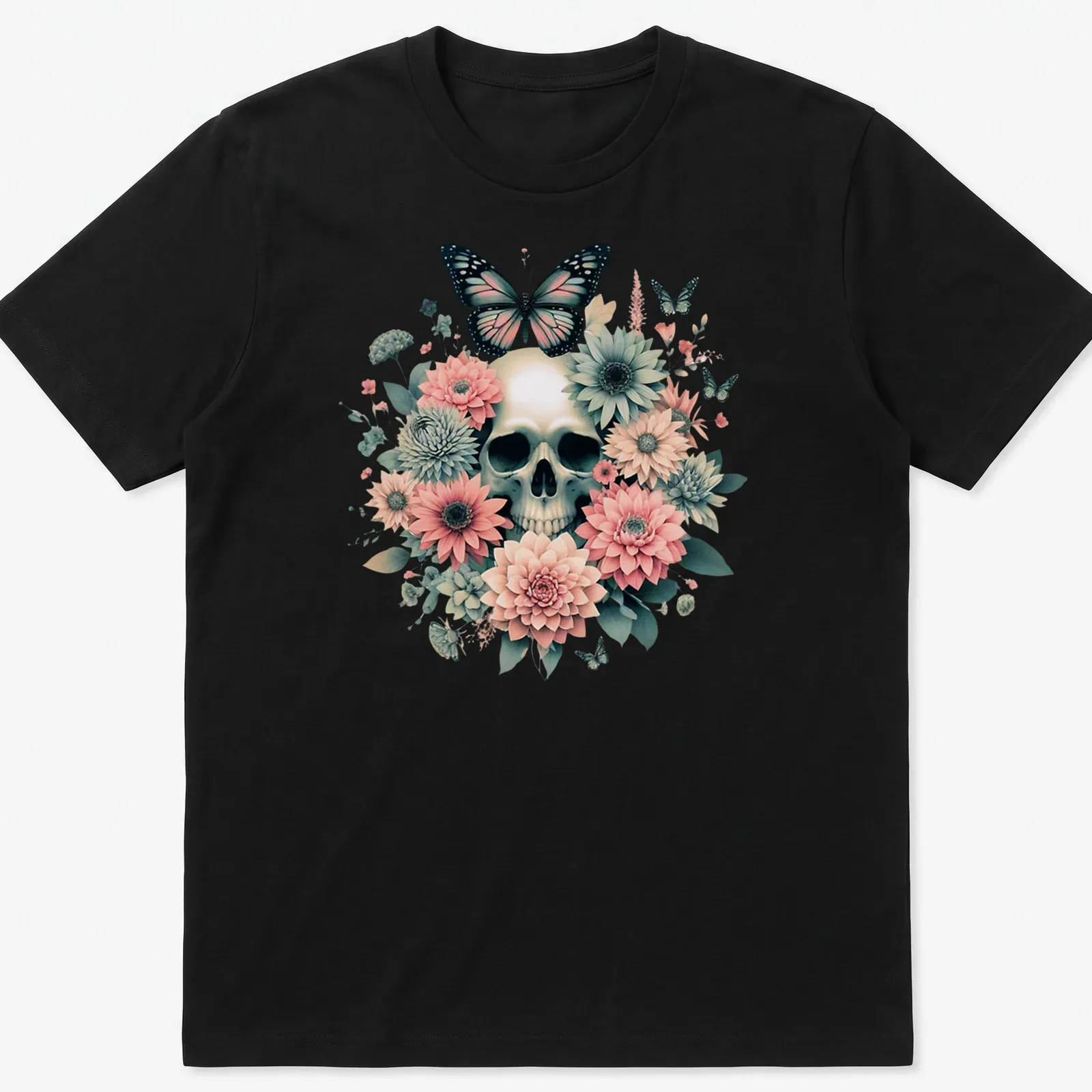 Illustration of a skull with butterflies and flowers in dark academia style — printed on a unisex t-shirt