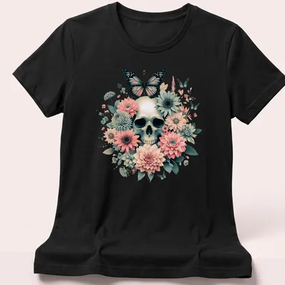 Illustration of a skull with butterflies and flowers in dark academia style — printed on a women's shirt