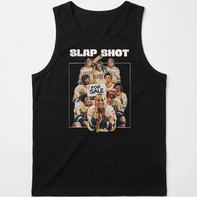 Vintage illustration of a hockey player with Slap Shot For Sale text — printed on a tank top
