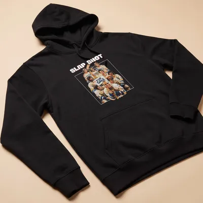 Vintage illustration of a hockey player with Slap Shot For Sale text — printed on a unisex hoodie