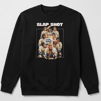 Vintage illustration of a hockey player with Slap Shot For Sale text — printed on a unisex sweatshirt