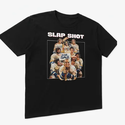 Vintage illustration of a hockey player with Slap Shot For Sale text — printed on a unisex t-shirt (angled view)