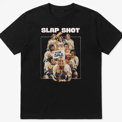 Vintage illustration of a hockey player with Slap Shot For Sale text