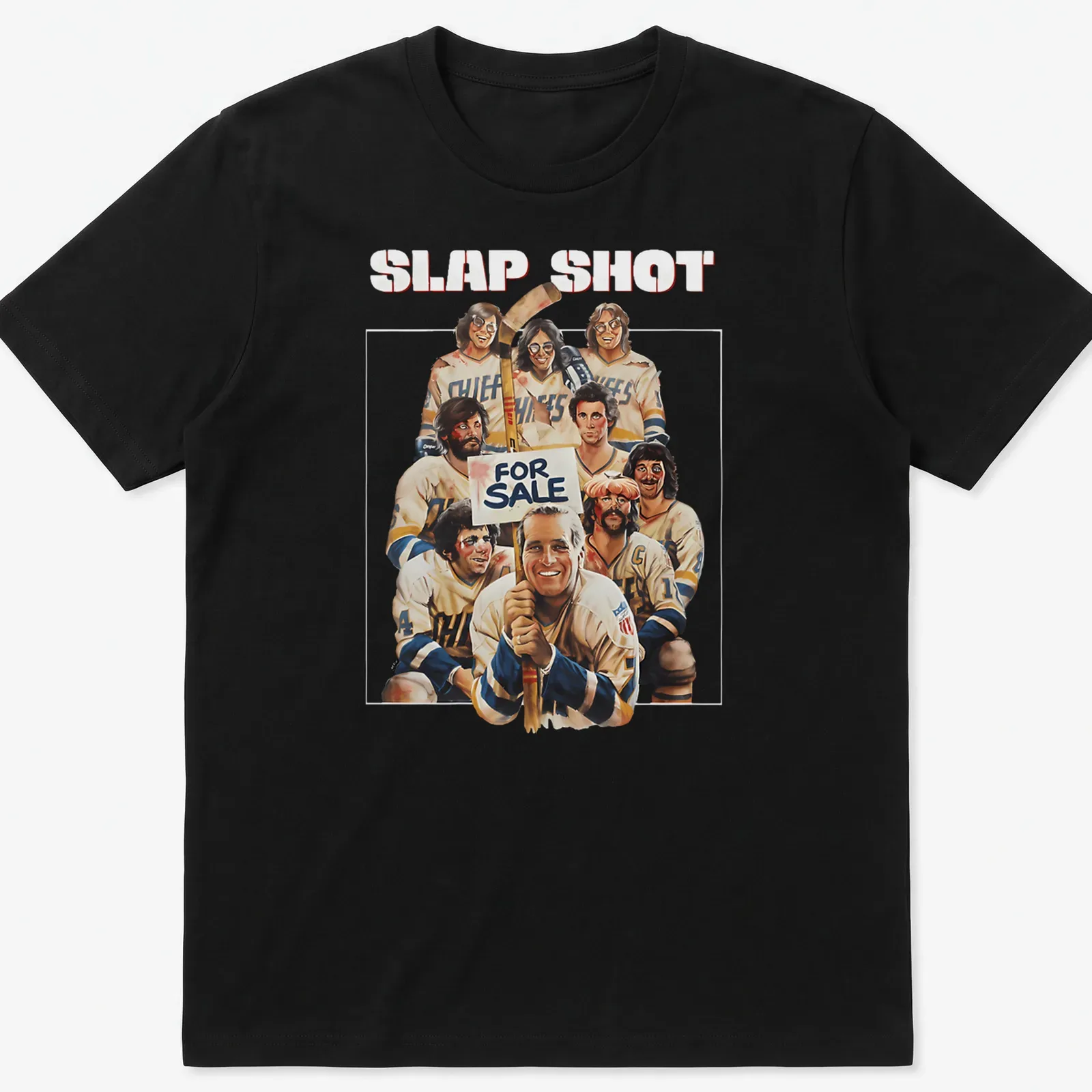 Vintage illustration of a hockey player with Slap Shot For Sale text — printed on a unisex t-shirt