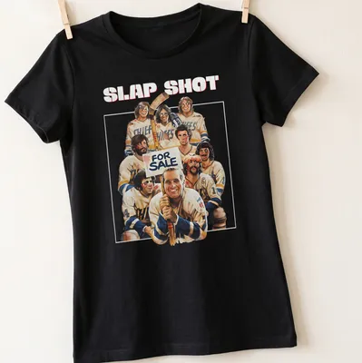 Vintage illustration of a hockey player with Slap Shot For Sale text — printed on a women's shirt