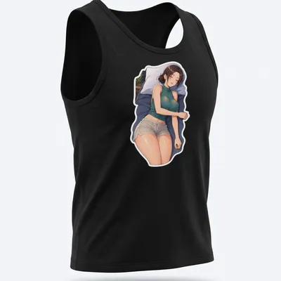 Anime girl sleeping under a blanket in cozy colors — printed on a tank top