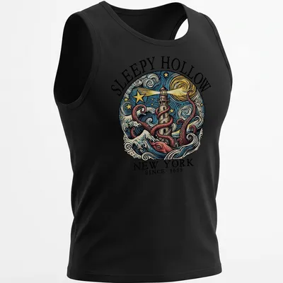 Vintage swirl print featuring octopus and lighthouse with text for Sleepy Hollow, NY since 1655 — printed on a tank top