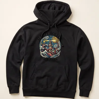 Vintage swirl print featuring octopus and lighthouse with text for Sleepy Hollow, NY since 1655 — printed on a unisex hoodie
