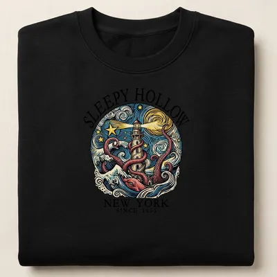 Vintage swirl print featuring octopus and lighthouse with text for Sleepy Hollow, NY since 1655 — printed on a unisex sweatshirt