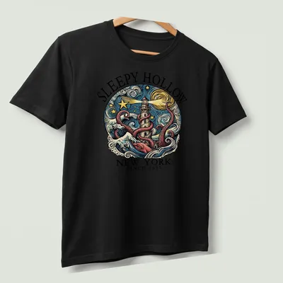 Vintage swirl print featuring octopus and lighthouse with text for Sleepy Hollow, NY since 1655 — printed on a unisex t-shirt (angled view)