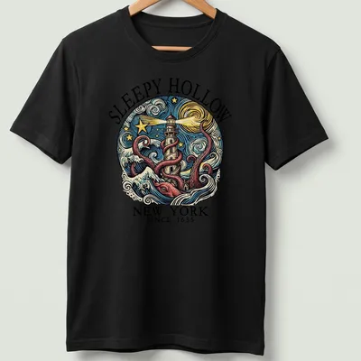 Vintage swirl print featuring octopus and lighthouse with text for Sleepy Hollow, NY since 1655 — printed on a unisex t-shirt