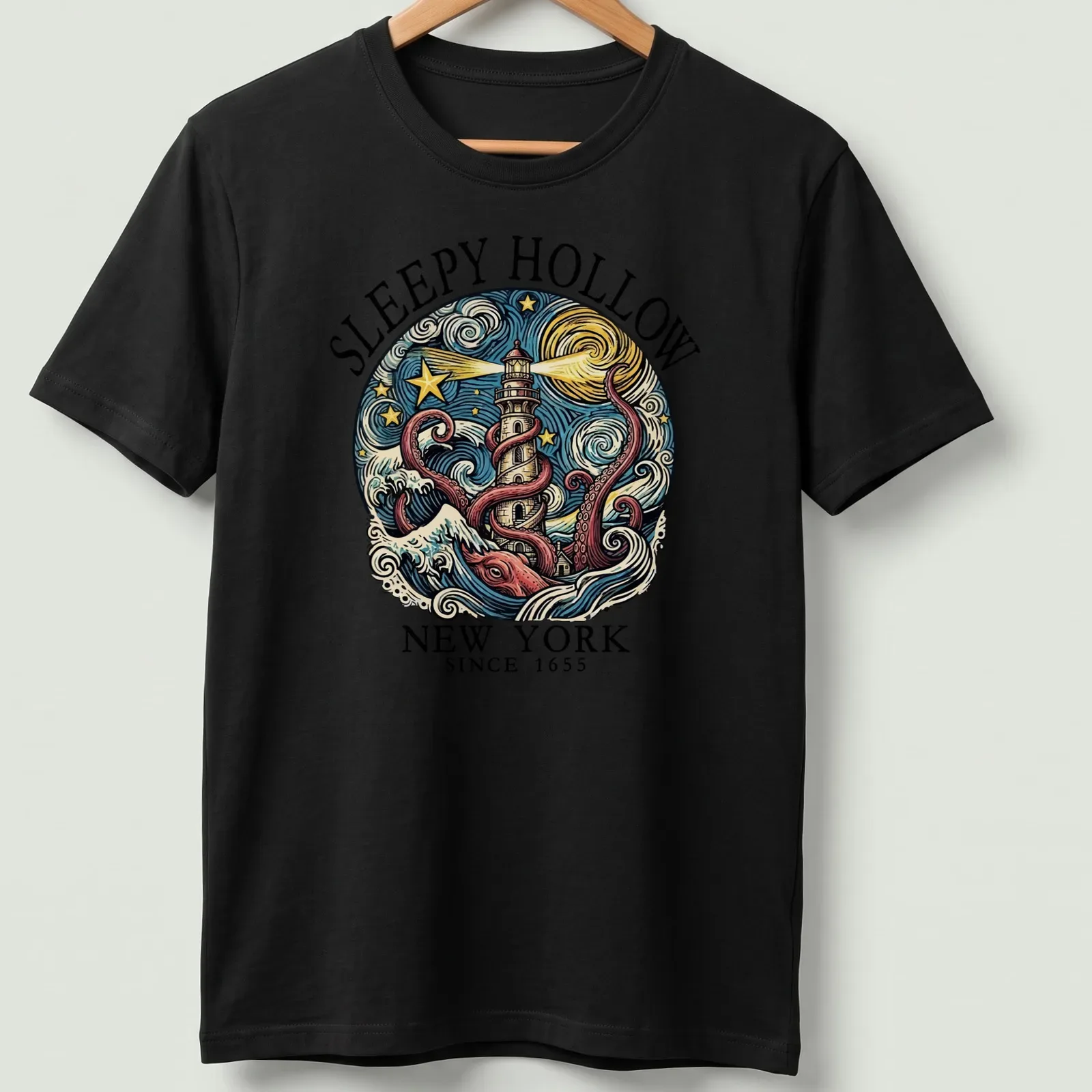 Vintage swirl print featuring octopus and lighthouse with text for Sleepy Hollow, NY since 1655 — printed on a unisex t-shirt