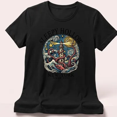 Vintage swirl print featuring octopus and lighthouse with text for Sleepy Hollow, NY since 1655 — printed on a women's shirt