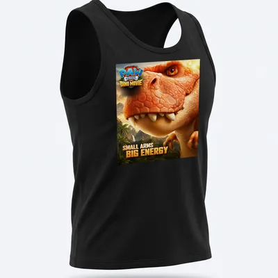 Realistic T-Rex graphic with text Small Arms Big Energy in vibrant colors — printed on a tank top