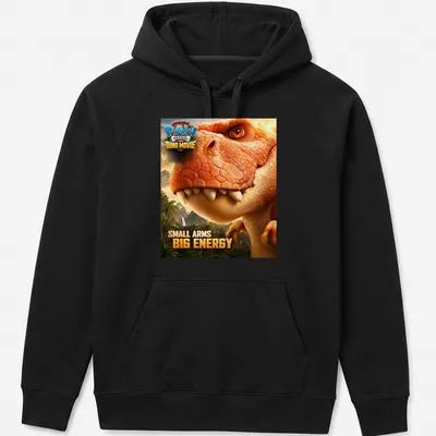 Realistic T-Rex graphic with text Small Arms Big Energy in vibrant colors — printed on a unisex hoodie