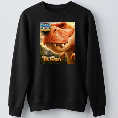 Realistic T-Rex graphic with text Small Arms Big Energy in vibrant colors — printed on a unisex sweatshirt