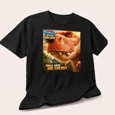 Realistic T-Rex graphic with text Small Arms Big Energy in vibrant colors — printed on a unisex t-shirt (angled view)
