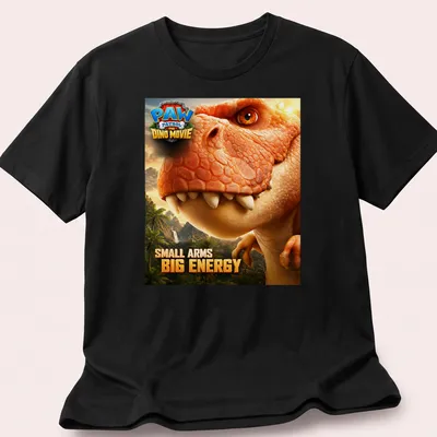 Realistic T-Rex graphic with text Small Arms Big Energy in vibrant colors — printed on a unisex t-shirt