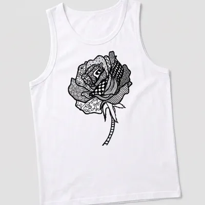 Black and white line art T-shirt featuring the text 'Smell The Roses' and a rose illustration — printed on a tank top